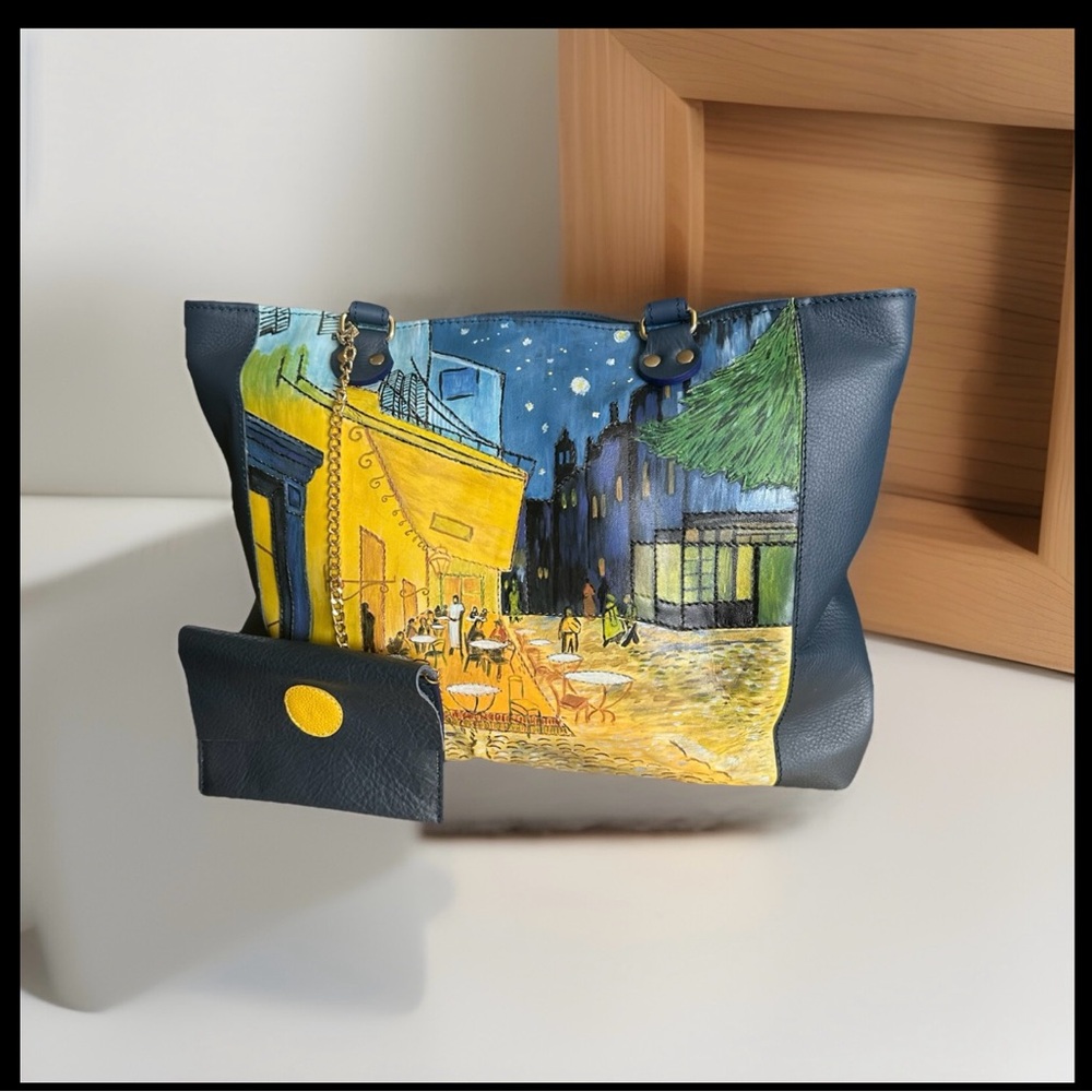 Hand painted leather Van Gogh handmade Italy tote handbag